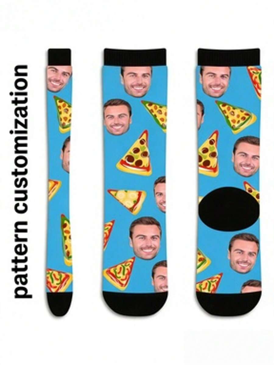 1 Pair Unisex Customized Face & Pizza Pattern Blue Elastic Fabric Comfortable Novelty Ankle Socks, Suitable As Birthday Gift/Casual Daily Wear - Multicolor - View 1