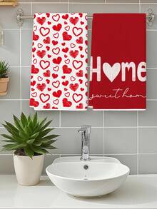 2Pcs Watercolor Red And White Heart Pink LOVE Pattern Farmhouse Farm Decoration Kitchen Towel Dishcloth Holiday Party Supplies Bathroom Hand Towel Suitable For Kitchen, Dining Room, And Dining Table - Red and White - View 9