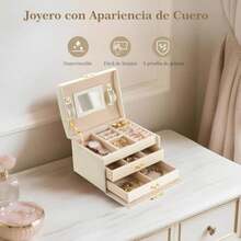 Joyero Organizador, Cajas para Joyas de 3 Niveles, Alajeros Joyeria Mujer de Cuero de Almacenamiento, Interior con Espejoo, Diseño Portátil, para Anillos, Pendientes, Pulseras y Collares(default) - Multicolor - Ver 7