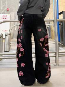 女士做旧刺绣阔腿牛仔裤，宽松舒适休闲街头风牛仔裤，后袋装饰（不含腰带/配饰），春季黑色 - 黑色 - 查看 2
