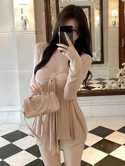 两件套极简粉色长袖开衫外套和吊带背心，春季穿搭