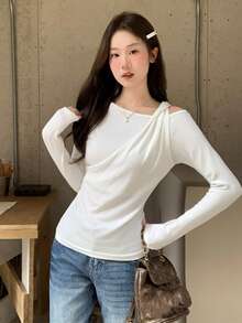 女士长袖T恤，肩部褶皱设计，修身打底衫，秋季新品 - 白色 - 查看 4