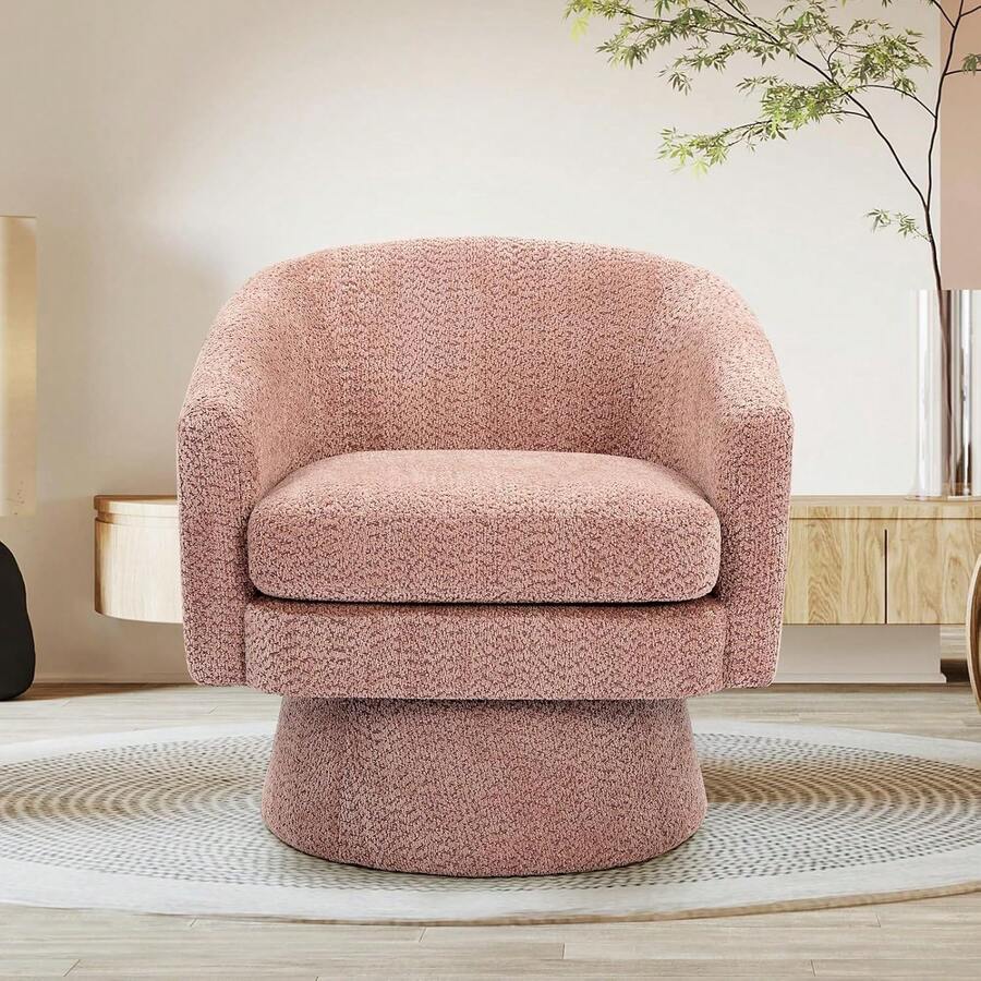 Silla de acento de barril giratorio de 360 ° Silla redonda tapizada de peluche con reposabrazos, silla de sofá cómoda para la sala de estar, el dormitorio y la oficina, 300lbs - Rosa - Ver 1