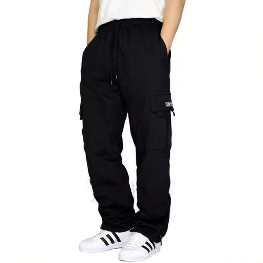 Men's Cargo Sweatpants Casual Fleece Joggers Loose Fit Open Bottom Athletic Pants With Pockets Machine Washable 100% Polyester Soft Stretch Fabric - 黑色 - 查看 1