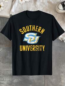 Southern University Jaguars Men's T-Shirt - Soft Cotton, Breathable & Stylish "SU" Graphic Design, Casual Fit For All Seasons, Plus Size L-5XL, Black With Yellow Accents, PLUS SIZE - màu đen - Xem 2