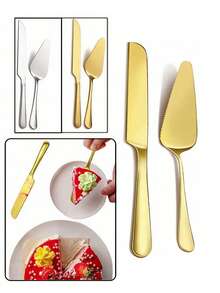 1件/2件镀金不锈钢蛋糕铲，婚礼蛋糕切割套装，高级蛋糕切割套装，精致刀齿铲，家用三角带齿铲，加厚长柄烘焙披萨铲 - 彩色 - 查看 12