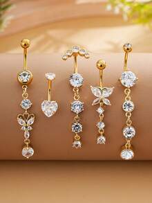 5件套不锈钢蝴蝶、双心、半月形锆石镶嵌肚脐环套装，性感肚脐穿刺吊坠，适合女性，适合节日佩戴 - 金黃色 - 查看 7