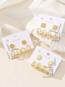 Conjunto de 6 brincos geométricos, ideal para mulheres, brincos de cobre banhados a ouro 18K, joias com pinos, presente perfeito para o Dia dos Namorados e Dia das Mães. - Ouro - Ver 8