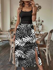 Ladies' Plant Printed Backless Waist Hollow Slit To Thigh Camisole Dress (Random Pattern) - Black and White - View 5