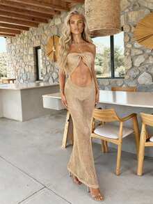 Sultry Sol 性感透视针织露背镂空沙滩长裙 2025 夏季泳衣罩衫女式纯色度假派对装 - 卡其色 - 查看 6