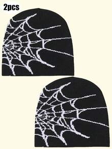 2pcs/1pc - Acrylic Spider Web Jacquard Knit Beanie Hat, Unisex, Adult Winter Outdoor Cycling Warm Knit Cap, Windproof Warm Hat, Insulation Protection, With Pom Pom - Multicolor - View 15