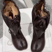 Cowhide Edition~Autumn/Winter New Wide Walled Laced Split Toe Pig Hoof Boots For Women, Real Leather Versatile Western Boots For Women - Màu nâu (một lớp) - Xem 5