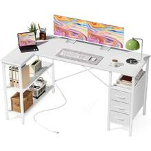 Sweetcrispy L Shaped Desk With Shelf Drawers, White Corner Computer Desks Gaming With Power Outlet, Study Table With Adjustable Shelves, Home Office Tables For Bedroom Teacher Reading Writing - 白色 - 查看 12