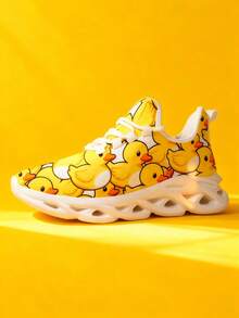 Kids' Cute Cartoon Duck Print Casual Sneakers, Lightweight & Comfortable - White - View 1