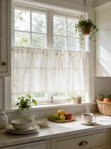 1pc Rustic Style Striped Sheer Cafe Curtain Valance - Beige Stripes Pattern, Soft Linen Fabric, Lace Bows Decor, All Seasons, Retro Farmhouse Style Short Cafe Curtain For Living Room Kitchen Bathroom Window Decor - Beige - View 7