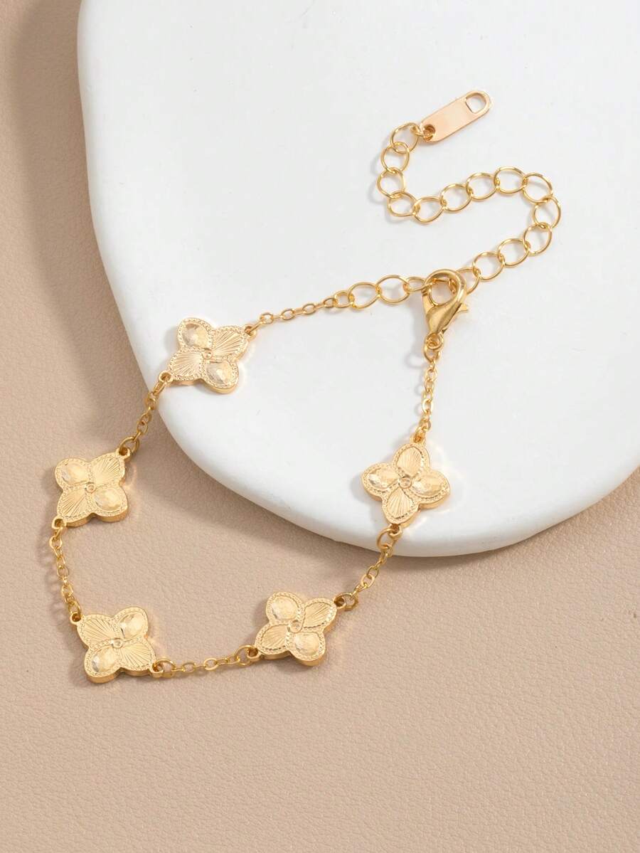 1 pieza Pulsera con colgante de trébol de cuatro hojas - Material de acero inoxidable, significa buena suerte, minimalista y elegante, se pueden agregar colgantes, adecuado para uso diario y fiestas, para todas las estaciones (estilo aleatorio) - Dorado - Ver 1