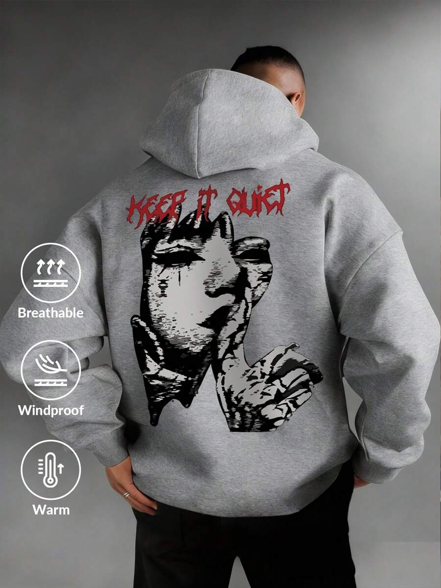 Camvyn Áo hoodie nam dáng rộng in họa tiết cá tính, lót giữ nhiệt, phong cách đường phố. - Xám - Xem 1