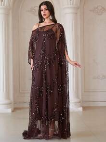 优雅圆领蝙蝠袖女式长袍，饰有撞色亮片和褶裥细节，无弹力面料