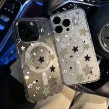 UE (DE et ES) Cette coque de téléphone à étoiles quadrillées pulvérisées à l'encre prend en charge la charge sans fil, est résistante aux chutes et a un toucher magnétique. Compatible avec iPhone 1 Pro Max/1 Air/16/15/14 Plus/13/12/11 et Galaxy A56/A55/A54/A36/A35/A26/A25/A16/A15/A06/S25 Ultra - Blanc antique - Voir 4