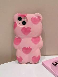 可爱3D小熊造型手机壳，兼容 XR/11/12/13/14/15/16 Pro Max/Plus，粉色爱心涂鸦图案，全摄像头保护，防摔少女风保护套 - 粉色 - 查看 4