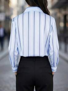 New Arrival Fashion Women Striped Print Button-Up Shirt Spring - Blue - View 2