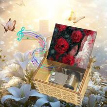 Red Rose Oil Painting Hand Crank Music Box - "You Are My Sunshine" Tune, Battery-Free Wooden Musical Gift For Valentine's Day/Birthday - Multicolor - View 9