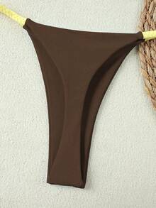 2件套女士棕黄相间编织比基尼，甜美清新撞色性感泳衣，适合海滩度假，2026夏季款 - 彩色 - 查看 5