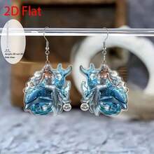 2D flat Mermaid Swimming with Dolphins pendant earrings, fashionable jewelry, party gift, a festival present for family and friends - Multicolor - Ver 3