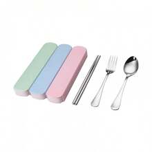 3件套不锈钢叉子、筷子、勺子便携餐具套装，适合家庭、户外、学生使用