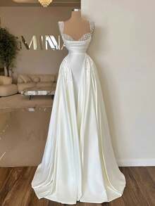 Elegant Sexy Pleat A Line Satin Formal Wedding Dress,Registry Office Dresses Engagement Bridal Gown,Evening Party Dress Birthday Party Dress Country Wedding,Romantic Church Ceremony Wedding Dress,Suitable For Wedding,Dating,Party,Singles' Party,Vacation,Formal Occasions,Dinner Dress,Prom Dress,Homecoming Dess,Cocktail Party,Wedding Guest Dress,Graduation - 白色 - 查看 2