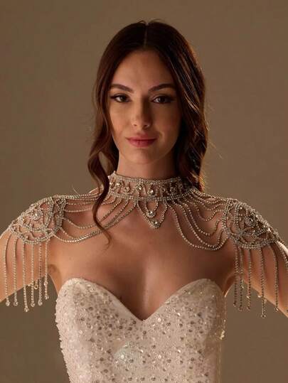 1 pieza Cadena de hombro con múltiples capas de cristal de color plateado, accesorio de joyería de Body con estilo geométrico europeo y americano para vestido de novia y boda para mujeres