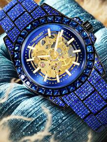 1 pieza Reloj mecánico de lujo para hombre totalmente cubierto de diamantes con correa de acero azul - mirar - Ver 2