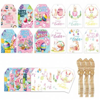 60 st söta påskpresentetiketter set med kanin-påskäggsmönster och hamparepdekoration, presentförpackningsetikett för festivalen, söt påsketikett