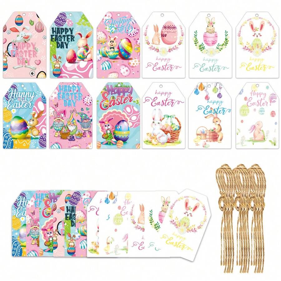 60pcs Cute Easter Gift Tag Set Rabbit Easter Egg Pattern With Hemp Rope Decoration Festival Gift Packaging Label, Cute Easter Tag