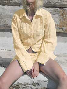 New Elegant Solid Color Casual Front Button Jacquard Long Sleeve Shirt & Lace Elastic Waist Bow Shorts Set, Suitable For Beach, Vacation, Daily, Garden