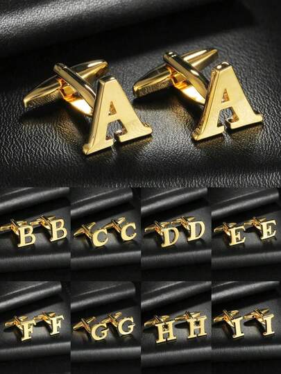 1 Pair A-Z 26 English Letter Stainless Steel Cufflinks, Men's Fashion French Cufflinks, Suitable For Wedding, Birthday, Business, Daily Wear, Gold, Silver, Cross-Border Supply Gold 26 Smooth Metal Stainless Steel Cufflinks Wholesale For Men's Dress Shirts