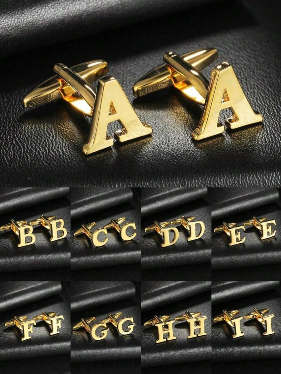 1 Pair A-Z 26 English Letter Stainless Steel Cufflinks, Men's Fashion French Cufflinks, Suitable For Wedding, Birthday, Business, Daily Wear, Gold, Silver, Cross-Border Supply Gold 26 Smooth Metal Stainless Steel Cufflinks Wholesale For Men's Dress Shirts - Yellow Gold - View 1