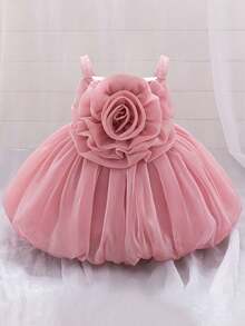 Baby Girls Sleeveless Solid Color 3D Floral Satin Cute 1st Birthday Party Puffy Princess Dress, Suitable For Vacation And Outings, Headband Not Included - Dusty Pink - View 2