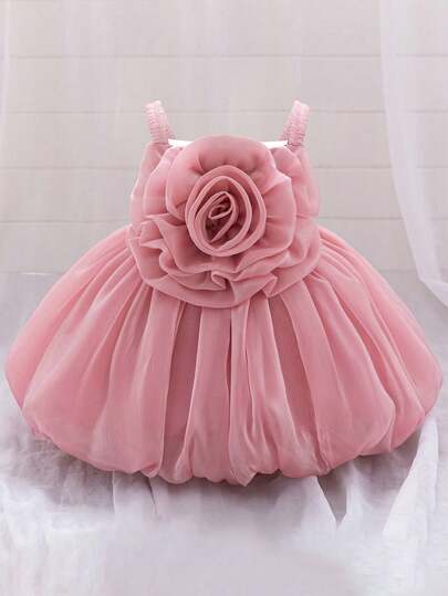 Baby Girls Sleeveless Solid Color 3D Floral Satin Cute 1st Birthday Party Puffy Princess Dress, Suitable For Vacation And Outings, Headband Not Included