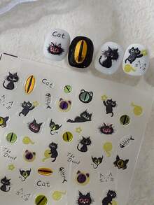 1Pc 5D Black Cat Fishbone Nails Sticker Kawaii Embossed Decal French Slider Adhesive Manicure Nail Art Decoration