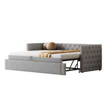 Upholstered Bed, Extendable Sofa Bed, 90*200 Cm, Classic Design With Full-Length Tufting, With Slatted Base, Multifunctional Bed/Guest Bed, Soft, Skin-Friendly Velvet Fabric, Light Grey (Mattress Not Included) - Black - View 9