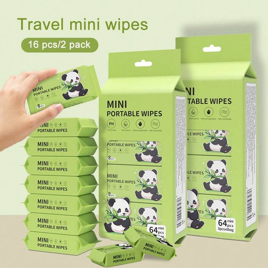DX DINGXIAN 128 Pcs Mini Portable Wipes - Unscented Alcohol-Free All-Surface Cleaning Wipes For Face & Body, Travel-Sized Period Essentials & Travel Essentials, Ideal For Outdoor/Indoor Use, Panda Design | Multipurpose Cleaning Supplies & On-The-Go Care - 粉紅色+綠色 - 查看 1
