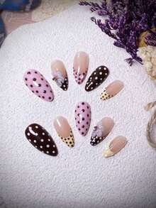 10pcs Handmade Almond Powder, Brown, Caramel, Polka Dot, Yellow French Acrylic Nail Tips, Cute Minimalist Elegant Design Nails Nail Supplies - Multicolor - View 4