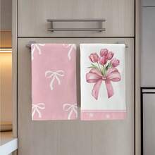 2pcs/Set Pink Bow & Tulip Pattern Kitchen Towels, Soft Microfiber Material Dish Cloths 40X60CM, Suitable For Kitchen Decor, Cleaning, Holiday Party Decoration, Kitchen & Bathroom Essentials, Home Decor, Housewarming Gift - Multicolor - View 2