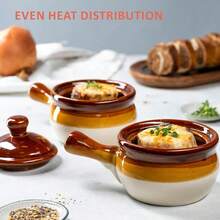KooK - Juego de 4 platos de sopa de cebolla francesa con tapas cuencos de cerámica asas grandes lavaplatos microondas horno y asador color café blanco colección Puebla - Café Blanco - Ver 4