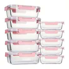 SHElN 10-Piece Glass Food Storage Containers Set, High Borosilicate Glass With Airtight Lids, Stackable & Microwave/Dishwasher , For Meal Prep, Office Lunch & Leftovers - Pink - View 11
