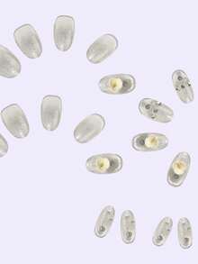 24 de unghii ovale, medii-lungi, autoadezive, cu sclipici transparent și design cu diamant camelia, include lipici jeleu și pilă de unghii. - alb - Vizualizare 5