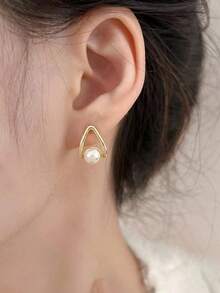 Andkiss 12pcs/Set Elegant Geometric Round Faux Pearl Flower Stud Earrings - Gold-white - View 4