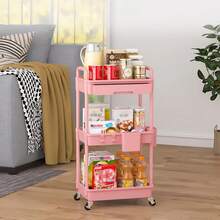 Organizador de carrito utilitario de 3 niveles con cajón extraíble, carrito de almacenamiento estable y resistente con 2 ruedas bloqueables para baño, cocina, aperitivos, manualidades, - Rosa - Ver 9