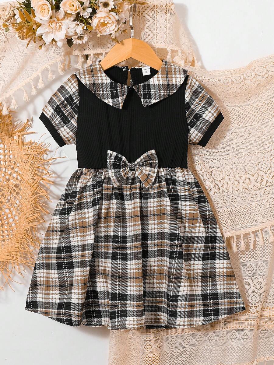 少女时尚休闲可爱格子印花彼得潘领短袖连衣裙，夏季